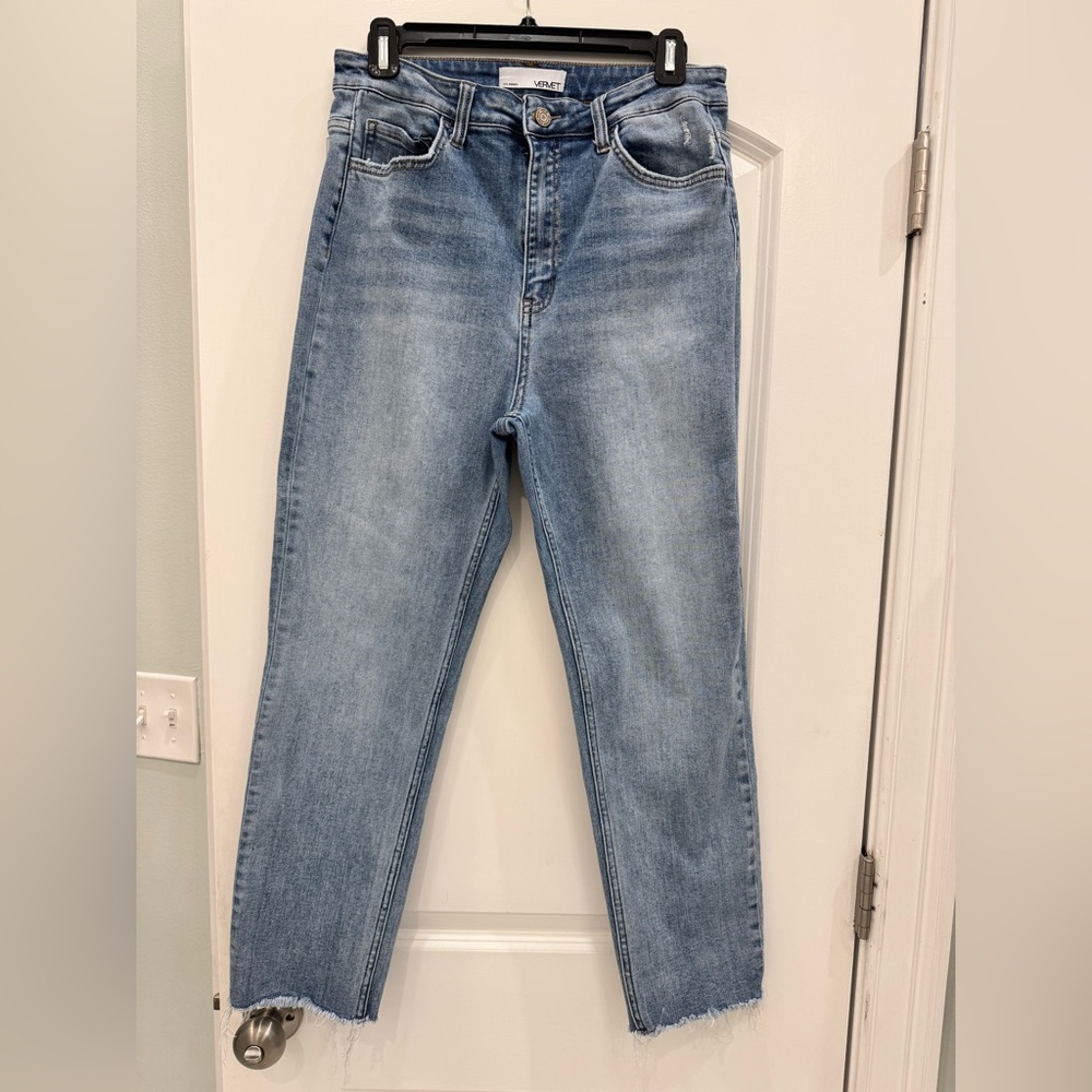 Vervet cropped straight leg, high waist jeans.  Style VT1197.